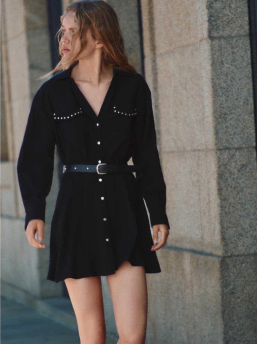 Zara Black Mini Shirt Dress with Stud Trim